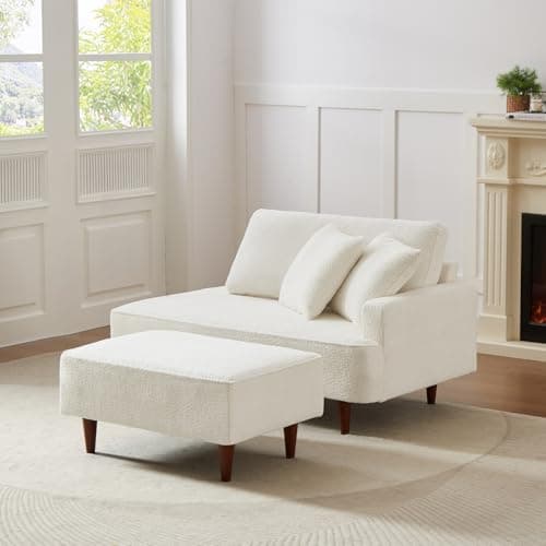 Upholstered Chaise Lounge Chair Indoor with Ottoman Boucle Chaise Lounge Fluffy Reading Chairs for Office Living Room Bedroom Relaxing (Boucle Biege)