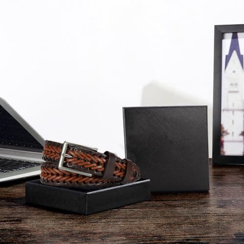 YOORAN Leather Braided Belts Men Golf Belt 1 3/8" Woven Belt Casual Jeans Gift Box