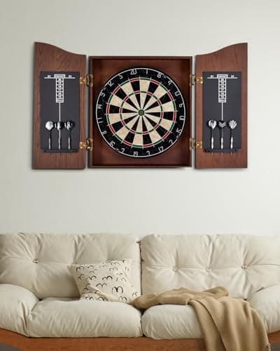 Yirinatek Sisal Dart Board Cabinet Sets, Decorative Dart Boards for Adults [6*Steel Darts] - Wooden Dartboard Cabinet with Integrated Scoreboard for Family Game Rooms