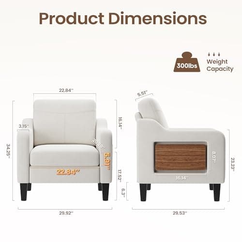 Accent Chair for Living Room Modern Linen Upholstered Armchair Side Wooden Fabric Sofa Chair with Foldable Table 2 Side Pockets Comfy Reading Chair for Bedroom