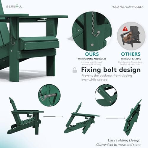 SERWALL Adirondack Chair with Cup Holders - Composite Adirondack Chairs Set of 4 HDPE Outdoor Chairs All Weather Use- Green