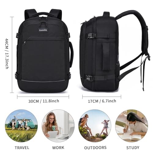 Asenlin Travel Backpack for Women and Men,Fit 15.6 Inch Carry on Backpack Flight Approved Luggage，Weekender Bag Water Resistant Laptop Backpack-Black