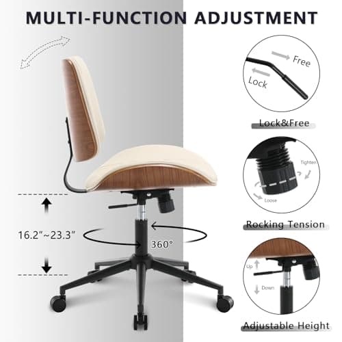 Home Office Chair No Arms with Wheels, Adjustable Height Small Desk Chair, PU Leather Mid Back 360 Swivel Computer Chair, Armless Modern Walnut Chair for Office, Reading Meeting Room(Beige)