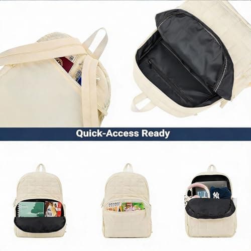 KAILUOLAI Quilted Backpack, Water-Resistant Nylon Bookbag for 15.6 Inch Laptop, College Bookbag Travel Backpack for Men Women (Off-white)