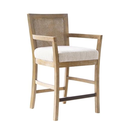 Madison Park Bar Stool with Rattan Back, Wood Counter Height Barstools, Farmhouse Stools with Open Arm Design, Mid-Century Modern Upholstered Bar Chair for Kitchen Island, 18.5" D x 18.5" W x 25.5" H