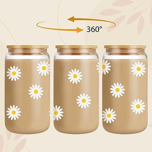GSPY Daisy Aesthetic Gifts, Iced Coffee Cup, Cute Glass Cups with Lids and Straws - Cute Mugs, Flower Mug, Glass Tumbler - Retro, Christmas, Birthday Gifts for Women, Coffee Lovers, Friend, Girls, Mom