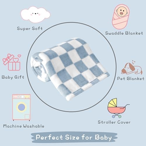 Yurhap Checkered Baby Blanket Fleece Baby Blankets for Boys, Ultra Soft Cozy Fluffy Infant Toddler Newborn Receiving Blankets for Crib Stroller, 30''x40'', Blue B0DBHD9QV1