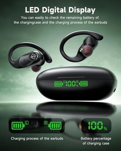 Wireless Earbuds Bluetooth Headphones 96H Playtime LED Display Waterproof Built in Mic Deep Bass Sound Secure Over Ear buds Earhooks for iPhone Android Samsung Cell Phones Sport Running Workout Gaming