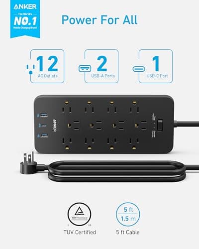 Anker Power Strip Surge Protector (2100J), 12 Outlets with 2 USB A and 1 USB C Port for Multiple Devices, 5ft Extension Cord, 20W Power Delivery Charging for Home, Office, Dorm Essential, TUV Listed