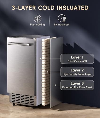 ecozy Under Counter Nugget Ice Maker Machine, Bulit-in & Freestanding, Horizontal Handle, Reversible Door, 66 Lbs/Day, Thickened Viewing Glass Window, Self-Cleaning & 24H Timer, Stainless Steel