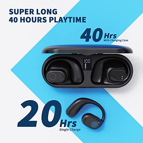 Open Ear Earbuds, Powerful Sound Sports Headphones with Clear Call, 40Hrs Playtime,Bluetooth 5.3 Headphones with Smart Digital Display Design IPX6 Waterproof Fit for Running, Gym, Workout (Black)