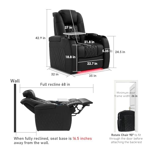 PBRO Home Theater Seating Top Grain Leather Recliner Chair, Movie Theater Chair Sofa with Power Reclining & Headrest USB Charger Ports Ambient Lighting, Black Single Seat for Home