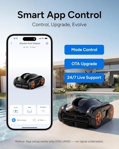 iGarden 4-in-1 Robotic Pool Cleaner, 3.6H Cordless Pool Vacuum for Inground & Above Ground Pools, Touchscreen & APP Control, Smart Navigation & Self-Parking, Cleaning Floor, Wall & Waterline, Black