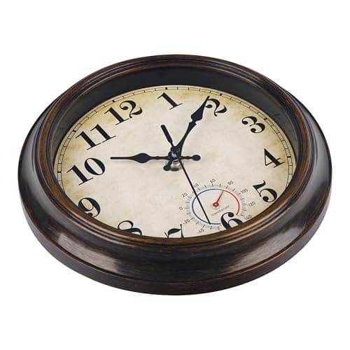 Horizent Outdoor Clocks Waterproof with Thermometer Combo Vintage Rustic Wall Clock for Patio Pool Bathroom Kitchen(8 Inch,Bronze)