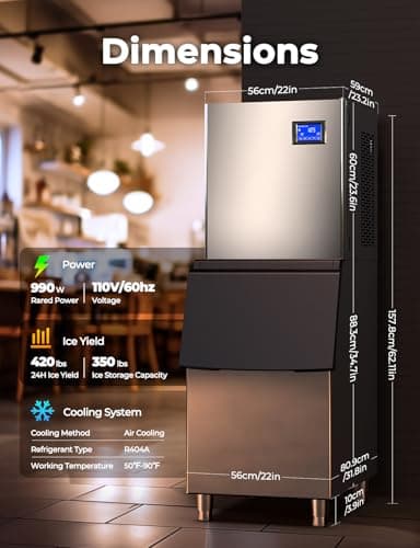 22" Commercial Nugget Ice Maker Machine 420LBS/24H with 350LBS Storage Bin, Nugget Ice Style, Air Cooled Powerfull Compressor, Industrial Nugget Ice Machine for Business