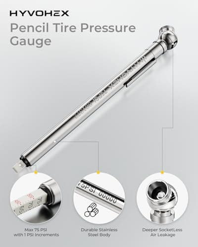 Pencil Tire Pressure Gauge 2 Pack with Valve Caps, Stainless Steel Body Tire Gauges for Tire Pressure with Deflator Valve, Metal Nozzle Tire Gauge for Cars, Pickups, RVs, Bicycles