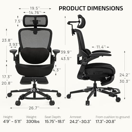 CabLady S2 Petite Office Chair for Women & Small Frames - 330lb Capacity, 4D Adjustable Lumbar/Headrest, Flip-Up Arms & Footrest, Ergonomic Desk Chair