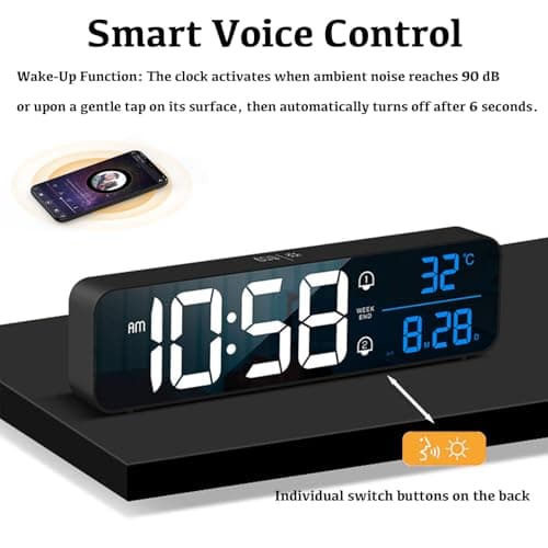 Digital Clock, Large Display LED Alarm Clock for Living Room Bedroom Office, Rechargeable Wall Clock, Sound-Activated, Snooze, Date & Temp Display, 40 Tones, 2 Alarms, 4 Volume, 5 Brightness Dimmer