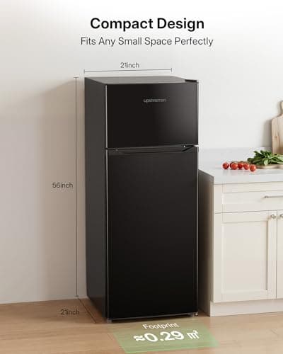 Upstreman 7.7 Cu.Ft. Refrigerator with Freezer, Double Door Fridge, Adjustable Thermostat, Large Capacity, Reversible Door Swing, Refrigerator for Apartment, Office, Dorm, Black（BD75）