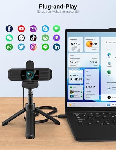 RUWBY Full HD 1080P Webcam with Built-in Dual Mics, Wide-Angle Lens, Privacy Cover, Tripod Stand, Autofocus Computer Camera, Plug and Play for Desktop PC or Laptop