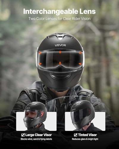 VEVOR Full Face Motorcycle Helmet DOT Approved, Dual Visor & Interchangeable Lens, Smart Street ABS Helmet Comfortable Motocross Helmet, Fit for Youth & Adults