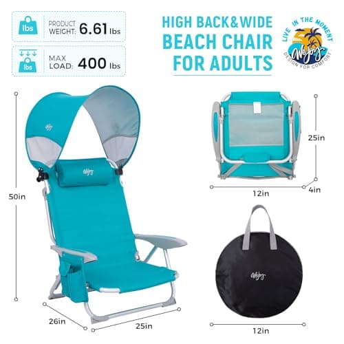 #WEJOY Beach Chair with Canopy Shade, Reclining Adjustable 4 Position, Lay Flat Lightweight Folding Portable Aluminum Chair with Backpack Straps,Padded headrest, Heavy Duty 400lbs Lawn Chair for Beach