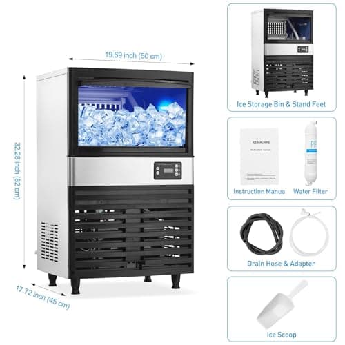 Commercial Ice Maker Machine, 150lbs/24H, 30 Lbs Ice Storage Bin, Fast Making Ice in 5-15 Mins, Auto-Clean, Timer Function, Freestanding or Undercounter for Restaurant,Coffee Shop, Food Truck and Bar