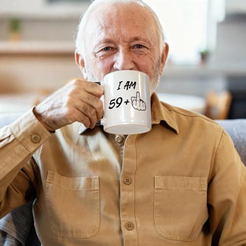 YHRJWN - 60th Birthday Gifts for Men Women, I Am 59 Plus Middle Finger Coffee Mug for Dad Mom Friends, Birthday Gift Ideas for 60 Year Old Woman, White 11 Oz Mug with Black Handle