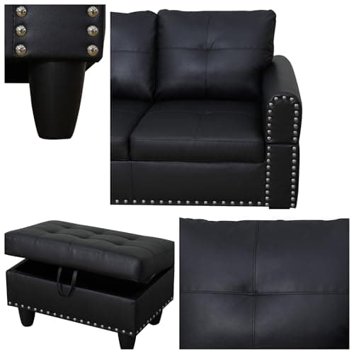 Trygoal Leather 3-Piece L-Shaped Couches for Living Room, Sectional Sofa with Storage Ottoman & Movable Chaise, Modular Convertible Couch for Bedroom & Apartment, Deep Black