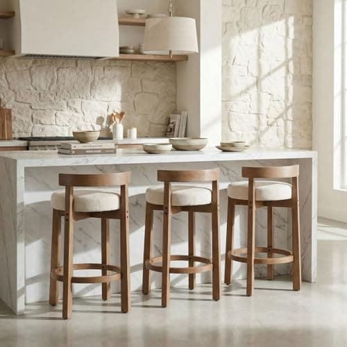 LukeAlon Mid Century Linen Counter Stools Set of 3, Upholstered 26.5" Seat Height Low Barstools with Natural Wood Legs Round Low Back Kitchen Stools with Footrest for Dining Room, Beige