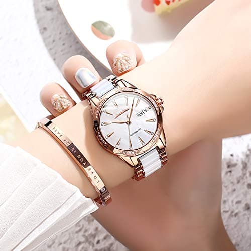 OLEVS Womens Big Face Automatic Watch, Diamond Accented Self Winding Dress Watch for Women, 50M Waterproof Day-Date Sapphire Crystal, Two Tone Stainless Steel Ceramic Band, White/Blue/Green/Red Dial