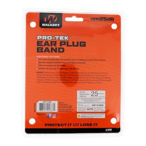 Walker's Pro-Tek Earplug Band 25dB NRR Passive Hearing Protection Shooting Hunting Soft Adaptable Foam Plugs w/Comfortable Neckband, Extra Pair of Ear Tips Included