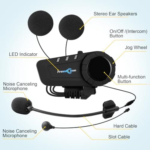 FreedConn KY PRO Motorcycle Helmet Bluetooth Headset, Motorcycle Communication Systems with CVC Noise Cancellation, Stereo Music, 6 Riders 0.75mi/1200m intercom, Dual Device Connection, IP65, 2 Pack