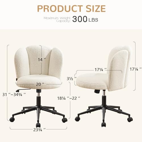Furniliving Velvet Vanity Chair with Wheels, Adjustable Height Swivel Desk Chair& Lumbar Support, Armless Upholstered Makeup Chair for Bedroom Home Office Study Room (White, Flower)