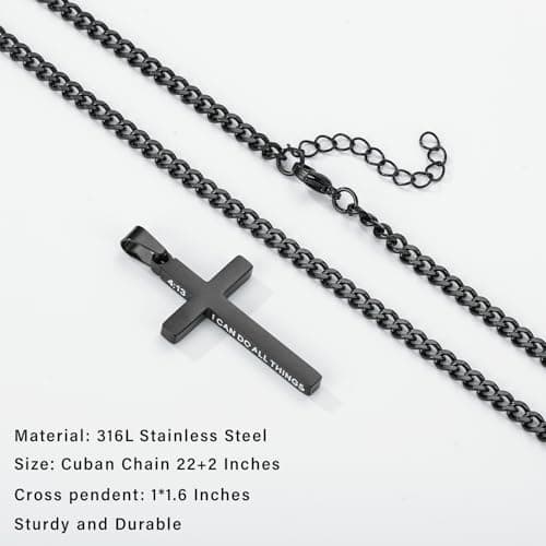 Gnamy Cross Necklace for Men Boys Stainless Steel Bible Verse Cross Pendant with Cuban Link Chain (22+2 Inches) | Christian Religious Jewelry Gifts B0FQHXFGM5