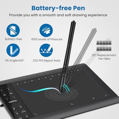 XOPPOX Graphics Drawing Tablet, 10×6 Inch Large Active Area with Battery-Free Stylus, 8192 Levels of Pen Pressure and 12 Hot Keys, Compatible with PC/Mac/Android for Painting, Design & Online Teaching