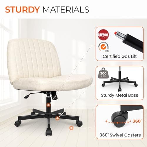 Orange Factory Criss Cross Chair Wheels Wide Cross Legged Office Desk Vanity Chair Comfy Fabric Armless Adjustable Swivel for Home Computer Task (Beige Wheel, Fabric)
