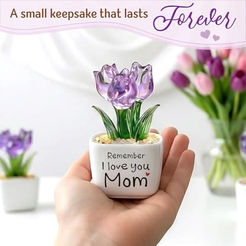 Remember I Love You Mom - Mom Birthday Gifts for Mothers - Collectible Flower Figurine Birthday Gifts for Mom from Daughter Son - Mini Purple Glass Tulip B0GTLL16WJ