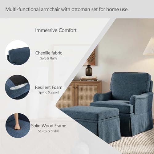 Swivel Accent Chair with Storage Ottoman Set of 2, Comfy Modern Upholstered Chenille Reading Armchair for Living Room, Bedroom, Office, Chenille Navy