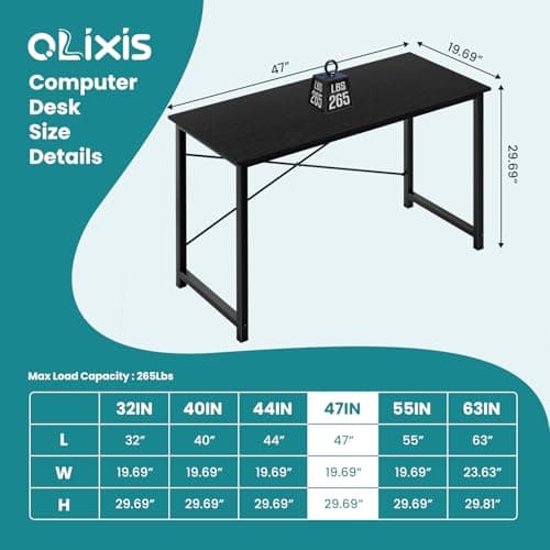 OLIXIS 47 Inch Home Office Desk, Small Computer Work Table with X-Shaped Reinforcement, Modern Simple Writing and Study Desk for Home Office, Bedroom, or Dorm Room, Black