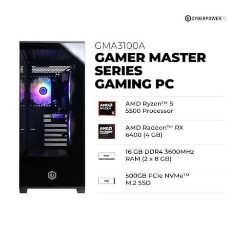 CyberPowerPC Gamer Master Gaming PC, AMD Ryzen 5 5500 3.6GHz, Radeon RX 6400 4GB, 16GB DDR4, 500GB PCIe Gen4 SSD, WiFi Ready & Windows 11 Home (GMA3100A)