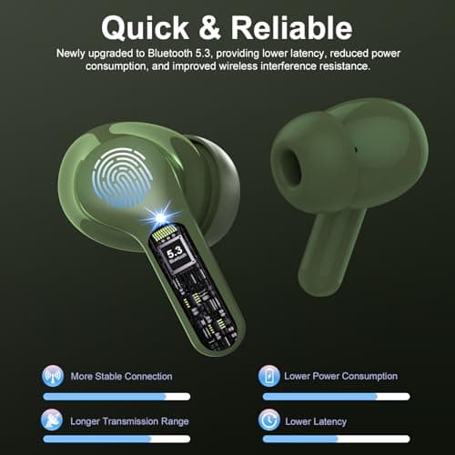 Wireless Earbuds, Bluetooth 5.4 Headphones HiFi Stereo, Bluetooth Earbuds with ENC Noise Cancelling Mic, IP7 Waterproof in Ear Earphones, 48H, LED Display Ear buds for Pad Phones Workout Sports, Green