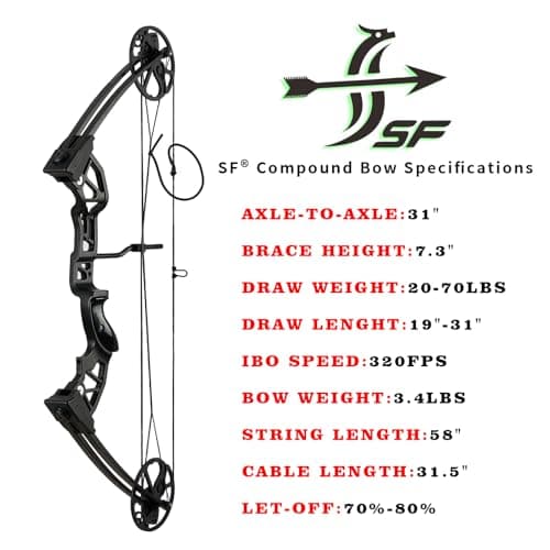 S F Archery Compound Bow Package for Adults and Teens,Shooting Practice Archery Hunting Accessories Hunting Gear，19”-30” Draw Length，20-70 Lbs Draw Weight，320 fps，Right Handed