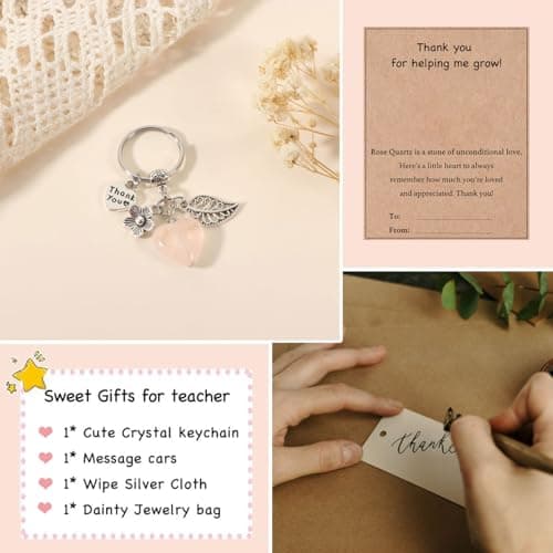 Teacher Appreciation Natural Crystal Keychain, Christmas Valentines Day Thank You for Helping Me Grow Teacher Gifts