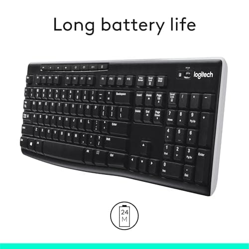 Logitech K270 Wireless Keyboard for Windows, 2.4 GHz Wireless, Full-Size, Number Pad, 8 Multimedia Keys, 2-Year Battery Life, Compatible with PC, Laptop, Black