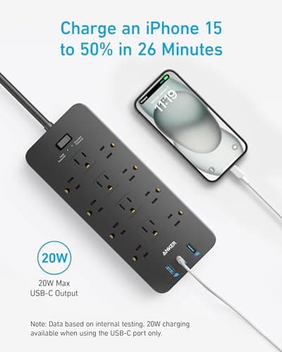 Anker Power Strip with 3 USB Ports, Surge Protector (2100J-10ft), 12 Outlets, 2 USB-A Ports and 1 USB-C Port, Works with iPhone 16/16 Plus/16 Pro/16 Pro Max, for Home, Office, TUV Listed