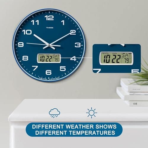 TIMESS Wall Clock, 12" Dial Non-Ticking Silent Battery Operated Analog with LCD Display for Perpetual Calendar and F° Temperature, Ideal Modern Home, Bedroom, Kitchen, Office Decor (Blue)