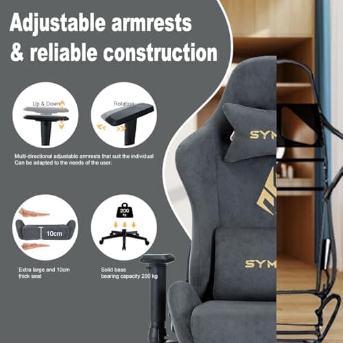 Symino Gaming Chair with Footrest, 2D Armrests Up/Down & Left/Right, Suede Fabric Ergonomic Office Chair, 150° Recline Computer Chair for Desk, Grey