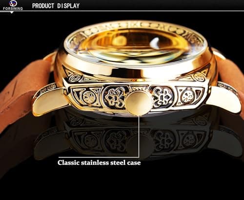 FORSINING Watches for Man, Square Retro Mechanical Watch Self-Wind Carved, Skeleton Automatic Watches Vintage Leather Strap Wristwatch