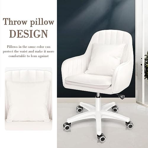 Mid Back Velvet Vanity Chair Swivel Rolling Desk Chair with Wheels, Modern Upholstered Makeup Chair for Women Girls, Computer Task Chair for Bedroom Living Room Office, White